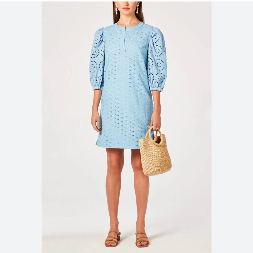 Cartolina Nantucket Cornflower Blue Embroidery Puff Sleeve Mini Sheath Dress M/L